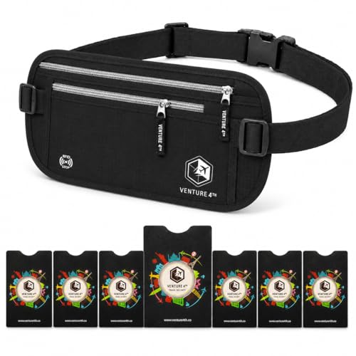 VENTURE 4TH RFID Money Belt for Travel with RFID Blocking Sleeves – Slim Hidden Travel Wallet & Passport Holder for Men & Women, Lightweight Anti-Theft Pouch to Protect Cash, Cards & Documents - Black - color: Black