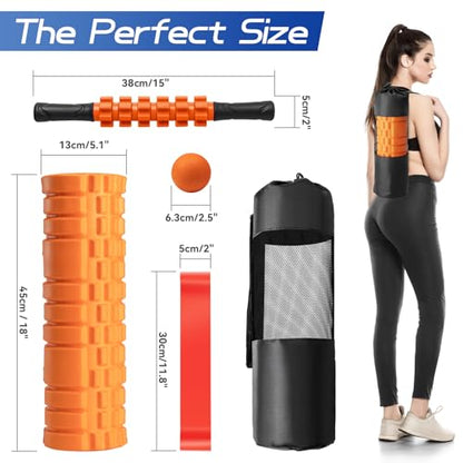 Krightlink 5-in-1 Foam Roller Set, Massage Roller Stick, Massage Ball, Resistance Band for Deep Muscle Massage, Trigger Point Release, Pilates, Yoga (Orange-18(5 in 1)) - color: Orange-18"(5 in 1)