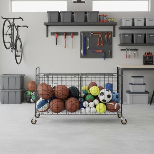 MyGift X-Large Capacity Black Metal Sports Ball Storage Rolling Cart | Gym Balls and Equipment Cart with 2 Compartments, Lock Latch & Heavy-Duty Locking Caster Wheels