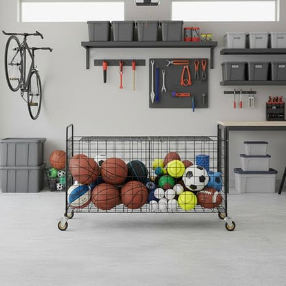 MyGift X-Large Capacity Black Metal Sports Ball Storage Rolling Cart | Gym Balls and Equipment Cart with 2 Compartments, Lock Latch & Heavy-Duty Locking Caster Wheels