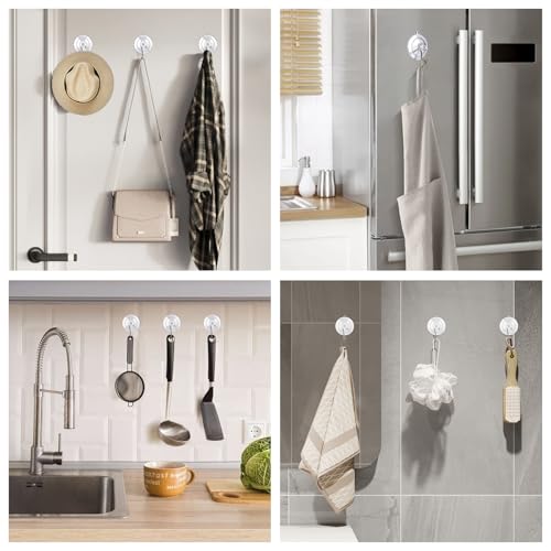Suction Cup Hooks 12Pack - Max Load 10LB, 1.77Inch Clear Medium Suction Cups, No Trace, Reusable & Removable, Stainless Steel Hooks, for Tile, Glass, Window, Shower, Kitchen, Bathroom - size: 12pc-Medium Size