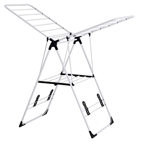 GOFLAME Steel Clothes Drying Rack with Adjustable Wings, Foldable Gullwing Collapsible Laundry Drying Rack with Shoe Holder and Shelves, Space Saving Drying Rack for Underwear, Socks, Pants - size: 54.5" x 22" x 36.5"