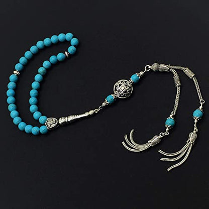 Design - New Long & Stylist Tassels Worry Beads - Prayer Beads (8 mm-33 Beads) Tesbih-Tasbih-Tasbeeh-Misbaha-Subha-Sebha-Sibha-Rosary (Synthetic Turquoise Stone - Twin Tassel) - color: Synthetic Turquoise - Twin Tassel
