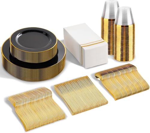 SUT 175 Piece Black and Glod Plastic Dinnerware Set for 25 Guests, Disposable Plastic Plates, Include: 25 Dinner Plates, 25 Dessert Plates, 25 Pre Rolled Napkins with Silver Silverware, 25 Cups - color: Clear, size: 175PCS