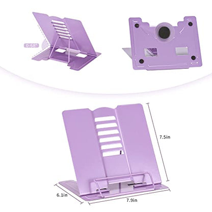 Metal Book Stand Adjustable Book Holder for Reading | Portable & Sturdy For Textbooks Cookbooks Sheet Music Papers Study - color: Full Purple