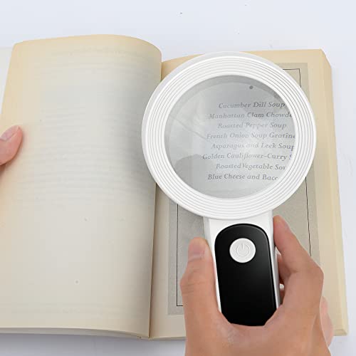 Magnifying Glass with Light, High Magnification Handheld Large Magnifying Glass 18LED Cold and Warm Light with 3 Modes, Illuminated Lighted Magnifier for Seniors Reading, Coins, Jewelry, Exploring - color: White
