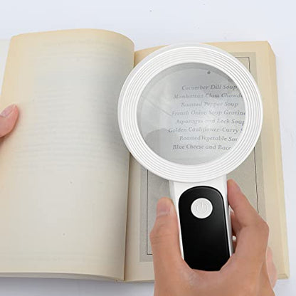 Magnifying Glass with Light, High Magnification Handheld Large Magnifying Glass 18LED Cold and Warm Light with 3 Modes, Illuminated Lighted Magnifier for Seniors Reading, Coins, Jewelry, Exploring - color: White