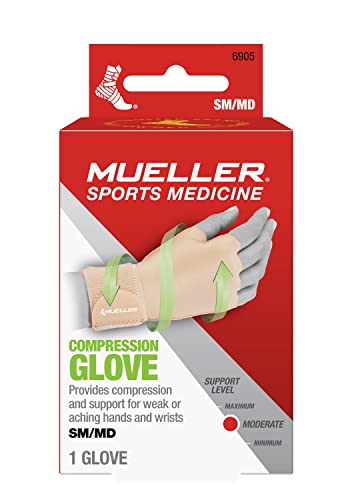 MUELLER Sports Medicine Compression Glove for Men and Women, Hand & Wrist Pain Relief Support, Ideal for Carpal Tunnel, Arthritis, Fits Right or Left, Beige - size: Small/Medium