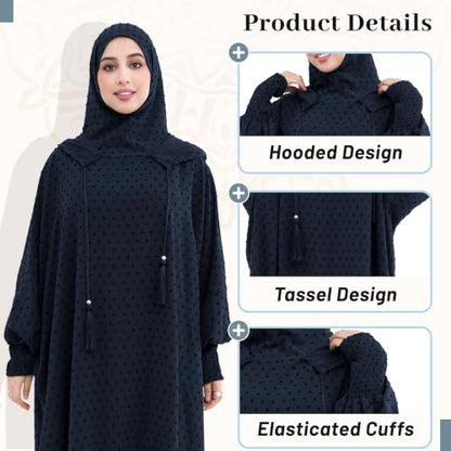 Polka Dot Abaya| Hooded Abaya for Muslim Women| 1pc Hoody Dress| Maxi Dress - color: Dark Blue, size: Size 2