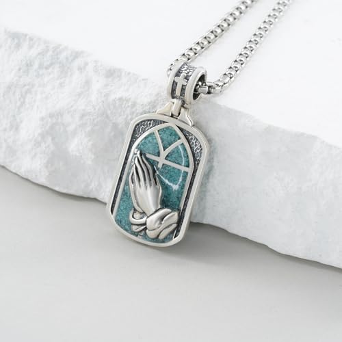 Western Catus/Knights Templar/St Michael/Santa Muerte/Praying Hand/Spartan/Virgin Mary/Tetragrammaton/Wrestlers/Allah Necklace Sterling Silver Dog Tag Necklace Christian Jewelry Gifts for Men - style: Praying Hand