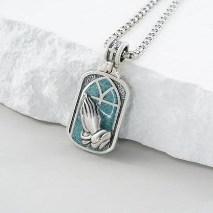 Western Catus/Knights Templar/St Michael/Santa Muerte/Praying Hand/Spartan/Virgin Mary/Tetragrammaton/Wrestlers/Allah Necklace Sterling Silver Dog Tag Necklace Christian Jewelry Gifts for Men - style: Praying Hand