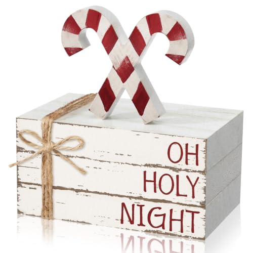 Geelin 4 Pcs Christmas Tiered Tray Decor Wooden Book Stack Signs, Candy Cane Christmas Table Decor, Red White Farmhouse Rustic Centerpieces for Shelf Coffee Bar Office Desk - style: Christmas Candy Cane