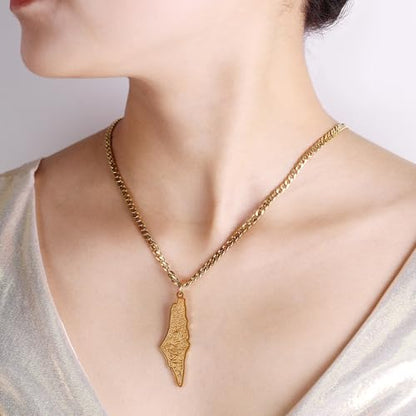 Uloveido Palestine Map Necklace – Arabic Engraved Stainless Steel Pendant, Islamic Middle Eastern Cultural Jewelry for Men and Women - color: Gold