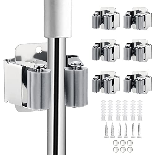 JAMEND CLXP 6PCS Broom and Mop Holder, Heavy Duty Garden Tool Organizer Rack Rake and Shovel Handle, Stainless Steel Mop Hanger. Wall Mounted Utility Rack with Screws, Silver. - color: Silver, size: 6