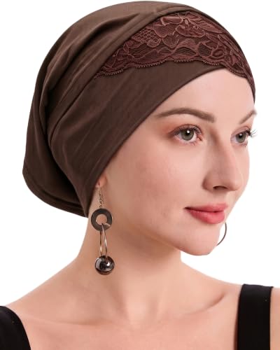 ZLYC Hijab Cap for Muslim Women Soft Stretchy Open-Back Inner Undercap - color: Lace Coffee
