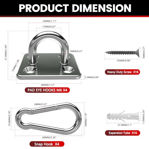 sprookber 304 Stainless Steel Pad Eye Snap Hooks, M6 Heavy Duty Ceiling Hooks, 800 lb Capacity Hammock Swing Hanging kit, Plant Hangers, Marine Hardware Staple Hook Loop with Screws, Set of 8 - size: 2.3 inch, style: Square
