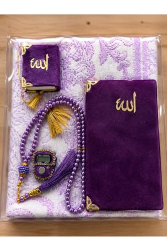 5-Piece Islamic Gift Set for Women and Men - Includes Prayer Rug, Yasin Book, Mini Quran, Prayer Beads, and Zikirmatik Counter - Purple Cotton Design for Special Occasions and Daily Worship - Purple,