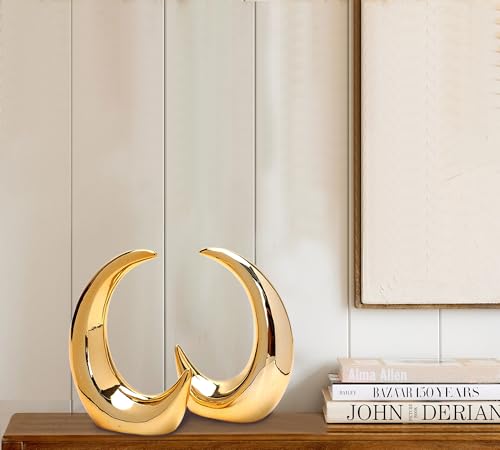 2 Pieces Gold Small Animal Statue Moon Statue Decor Modern Style Ceramic Moon Figurines Statues for Home Decor Accents Living Room Office Table Bookshelf Desk Bedroom Decorative Objects - size: moon