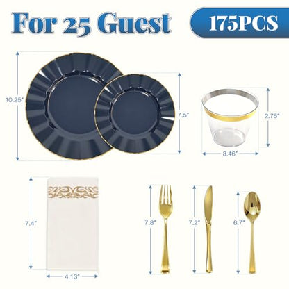 Glowserve 175 Piece Disposable Plastic Plates Dinnerware Set for 25 Guests - color: Navy Blue