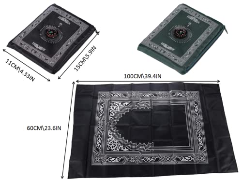 2 Pieces Muslim Travel Prayer Mat,Islamic Prayer Rug,Muslim Prayer Carpet,with Compass Pocket Sized Carry Bag,and Attached Compass,Travel Prayer Mat with Compass(Green,Black)