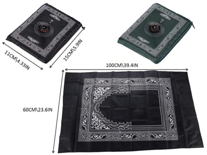 2 Pieces Muslim Travel Prayer Mat,Islamic Prayer Rug,Muslim Prayer Carpet,with Compass Pocket Sized Carry Bag,and Attached Compass,Travel Prayer Mat with Compass(Green,Black)