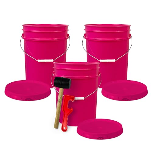 5 Gallon Bucket w/Lid, Food Grade BPA-Free, 3 Pack, Pink | Airtight Lid, Mallet and Lid Opener Included, Heavy-Duty 90 Mil HDPE Plastic, Food-Safe Durable Container, Made in USA - color: Pink, size: 3 Packs