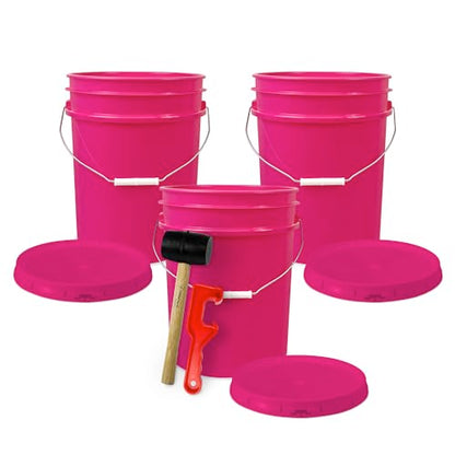 5 Gallon Bucket w/Lid, Food Grade BPA-Free, 3 Pack, Pink | Airtight Lid, Mallet and Lid Opener Included, Heavy-Duty 90 Mil HDPE Plastic, Food-Safe Durable Container, Made in USA - color: Pink, size: 3 Packs