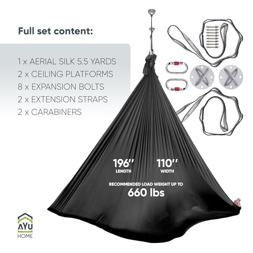 AyuHome Aerial Silks Kit for Home - Premium Yoga Swing for Adults with 660 lbs Capacity - Versatile Aerial Yoga Hammock for Gymnastics Training - color: Aerial silk - Black