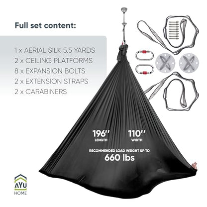 AyuHome Aerial Silks Kit for Home - Premium Yoga Swing for Adults with 660 lbs Capacity - Versatile Aerial Yoga Hammock for Gymnastics Training - color: Aerial silk - Black