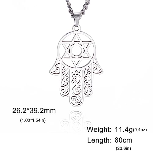 Hamsa Hand of Fatima Hexagram Necklace Star of David Evil Eye Pendant Jewish Female Protection Amulet Symbol Jewelry Women Men - color: silver