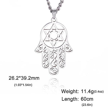 Hamsa Hand of Fatima Hexagram Necklace Star of David Evil Eye Pendant Jewish Female Protection Amulet Symbol Jewelry Women Men - color: silver