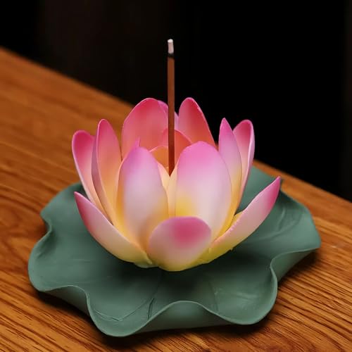 Pink Ceramic Lotus Incense Burner - Flower Incense Holder for Sticks & Cones, Aromatherapy Burner for Home Decor, Meditation Yoga Room Zen Decor, Housewarming Gift