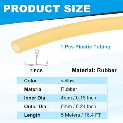 PATIKIL Rubber Tubing, 4mmx6mmx5m Tubing Tube with Hose Clamps, Soft Hose Line Pipe for Multipurpose Industrial Aquarium, Yellow - size: 4mmx6mmx5m