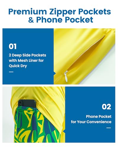 maamgic Mens Swim Trunks with Compression Liner 5 Inch, Quick Dry Bathing Suit with Zipper Pockets, No-Chafing Swim Shorts - color: Brazilian Yellow, size: Large