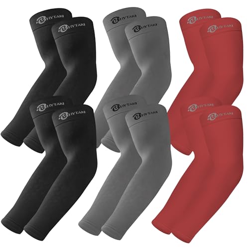 BHYTAKI UV 자외선 차단 팔 슬리브 6쌍, UPF 50 스포츠 쿨링 암 압박 슬리브 남성 여성 청소년용 - color: 블랙 2개+다크 그레이 2개+레드 2개
