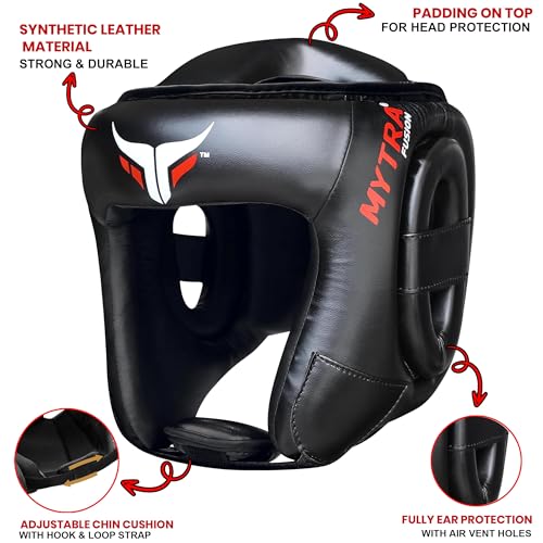 Mytra Fusion Boxing Headgear MMA Headgear Martial Arts Sparring Gear Headgear for Kickboxing, Muay Thai and Karate Training (Black, S/M)