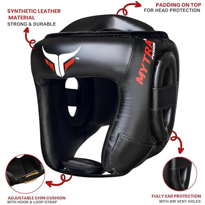 Mytra Fusion Boxing Headgear MMA Headgear Martial Arts Sparring Gear Headgear for Kickboxing, Muay Thai and Karate Training (Black, S/M)