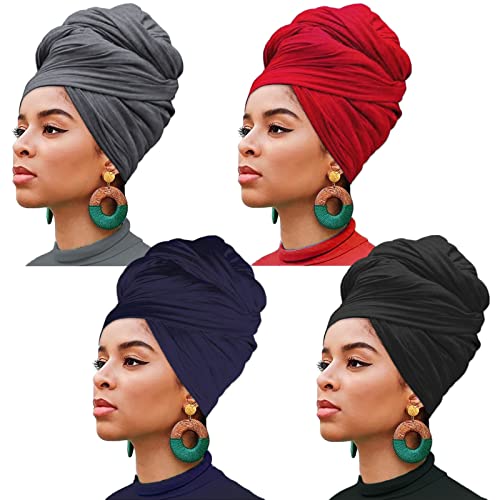 XTREND 4 Pieces Stretch Jersey Turbans Head Wrap Solid Multiple Color Combinations African Long Shawl Breathable Scarf Soft Fashion Headband for Women (Black, Dark Blue, Dark Grey, Wine Red) - color: Black, Dark Blue, Dark Grey, Wine Red
