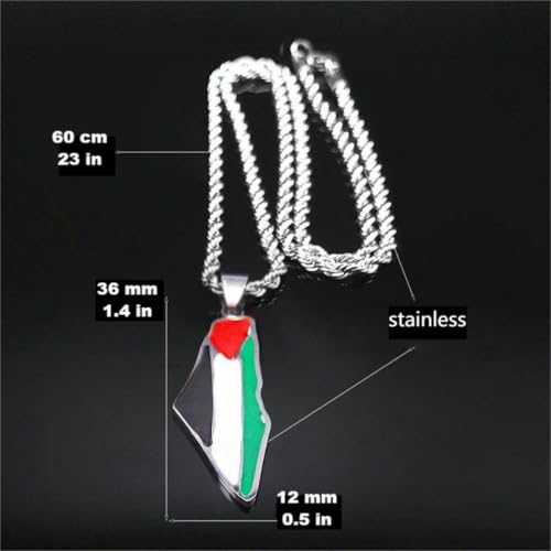 Palestine Map Pendant Necklace, Stainless Steel Chain, Multicolor，Peace Pendant - color: Silvery-1.5in