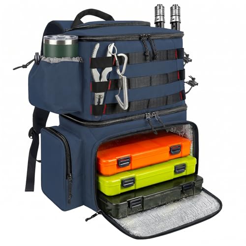 MATEIN Fishing Backpack, Tackle Storage Bag with Rod Holders & Cooler | Water Resistant Fishing Bag Fits 4 3600 Trays, Large Wide Open Tackle Box Backpack, Gifts for Fishermen - color: Blue