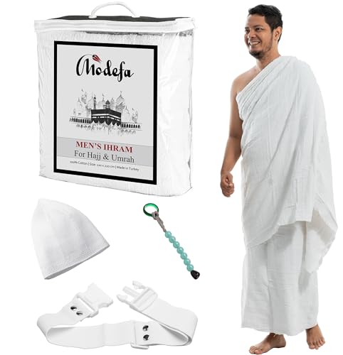 Modefa Islamic Men's Ihram Towel Set for Hajj Umrah - 2 Piece Set - 110 x 220, 100% Cotton - Combo with Belt, Kufi and Tawaf Beads