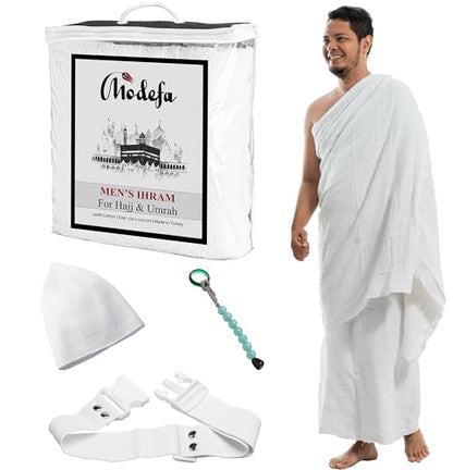 Modefa Islamic Men's Ihram Towel Set for Hajj Umrah - 2 Piece Set - 110 x 220, 100% Cotton - Combo with Belt, Kufi and Tawaf Beads