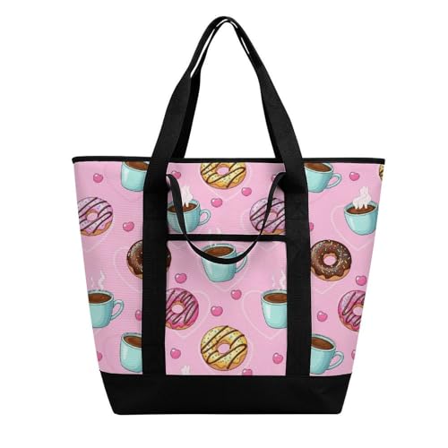 SWEET TANG Soft Cooler Bag, Large Reusable Insulated Grocery Bag with Zipper Top, Travel Tote for Hot or Cold Food (Coffee Donuts Pink) - color: Pattern 85