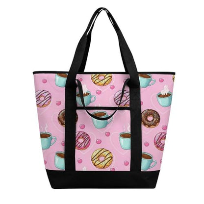 SWEET TANG Soft Cooler Bag, Large Reusable Insulated Grocery Bag with Zipper Top, Travel Tote for Hot or Cold Food (Coffee Donuts Pink) - color: Pattern 85