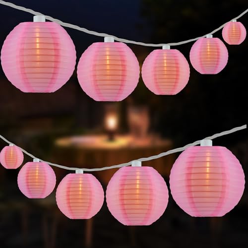 HOSY 10-Pack Pink 3-in Lanterns, 11 ft White Wire Plug-in UL String Lights | Self-assembly Required, Nylon Fabric, 3-in Diameter, 12-in Spacing, End-to-end Connectable, UL Certified - color: Pink
