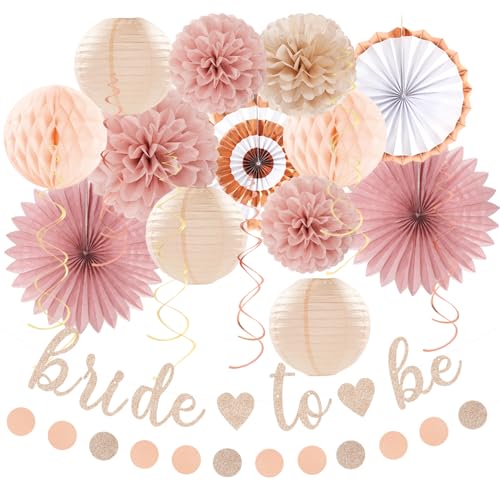 Blush-Pink Rose-Gold Bridal-Shower Party Decorations - 21pcs Bride to Be Sign Banner,Bachelorette Paper Lanterns Honeycomb,Wedding Streamers Garland,Fall Tissue Pom Poms Fans Decor Supplies Burgleda - color: Blush Pink Rose Gold