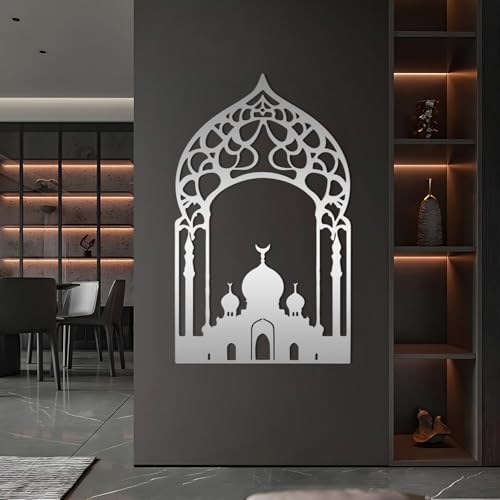 Mosque Metal Wall Art, Islamic Mosque Arch Metal Wall Art, Masjid Wall Hanging, Islamic Wall Decor, Prayer Room Decor, Fireplace Decorations, Muslim Gift (Silver, 24"x14"/60x36cm) - color: Silver, size: 24"L x 14"W