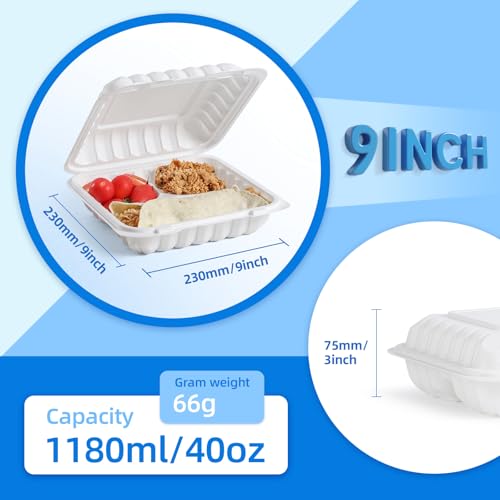 YANGRUI 100-Pack 40oz 9" 3-Compartment To Go Box Shrink Wrapped No Pre-Wash | Heavy Duty Mineral PP, Microwave Safe | Reusable Clamshell for Meal Prep, Takeout, Family Gatherings & Bulk Leftovers