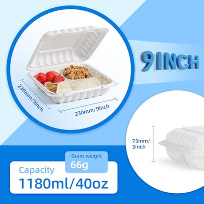 YANGRUI 100-Pack 40oz 9" 3-Compartment To Go Box Shrink Wrapped No Pre-Wash | Heavy Duty Mineral PP, Microwave Safe | Reusable Clamshell for Meal Prep, Takeout, Family Gatherings & Bulk Leftovers