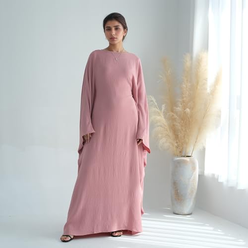 Abaya Dress for Women Soft Crepe Like Linen Khimar Butterfly Batwing Dubai Islam Muslim Kaftan Modest Prayer Dress - color: Pink, size: Large
